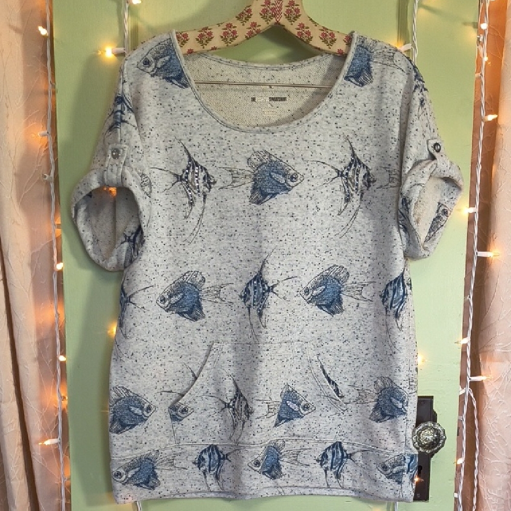 Women's Style & Co. Rhinestone Angel Fish Shortsleeve Sweatshirt Blue Grey M